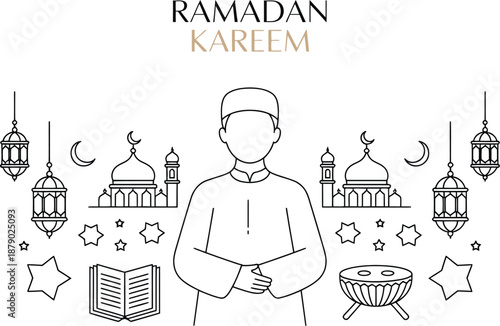 Ramadan kareem celebration with a muslim man and traditional islamic elements