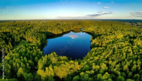Aerial View of a Serene Lake Surrounded by Lush Green Forest.