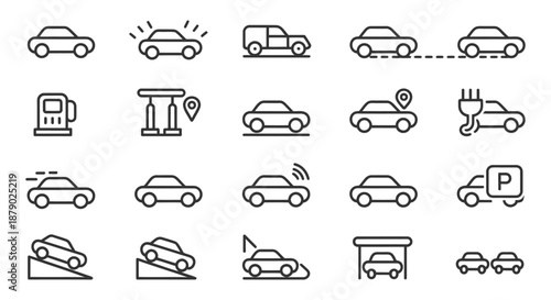 Simple line icons depicting various transportation themes including cars parking charging and road features high quality