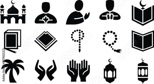 A diverse collection of islamic icons representing worship, culture, and religious elements