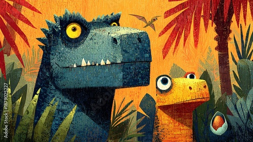 Cartoon Dinosaurs in a Colorful Jungle Background Illustration