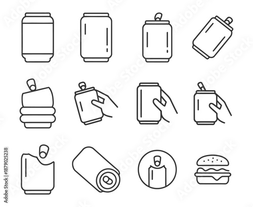 Various depictions of soda cans open containers and handheld beverages are displayed in thin line icons