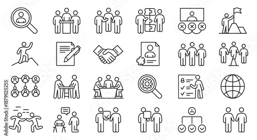 Line art icons depicting teamwork leadership recruitment meetings and business strategy are showcased in this illustration
