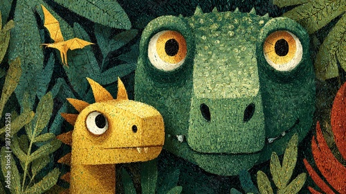 Friendly Cartoon Dinosaurs Surrounded by Lush Greenery and Plants