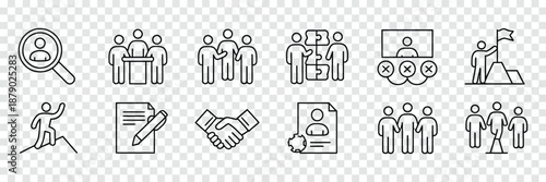Line art icons illustrating recruitment human resources team building and professional success concepts are displayed