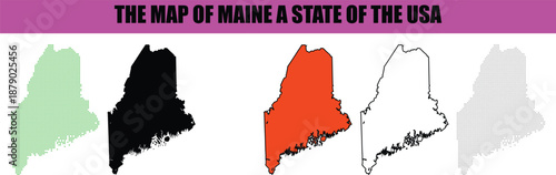 Silhouette, line art, dot, dotted, star art Multiple stylized vector maps illustrating the geographical outline of Maine a northeastern state of the United States of America presented in various graph