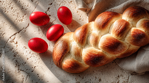 Greek tsoureki, a braided strand of bread, red-dyed eggs neatly arranged around it, a serene festive mood.