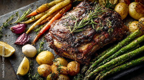 French agno pascal, roast leg of lamb in the center, surrounded by roasted spring vegetables and lemon wedges, a festive mood.