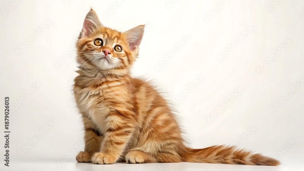 Fototapeta premium Fluffy Ginger Tabby Kitten Sitting Studio Portrait White Background Cute