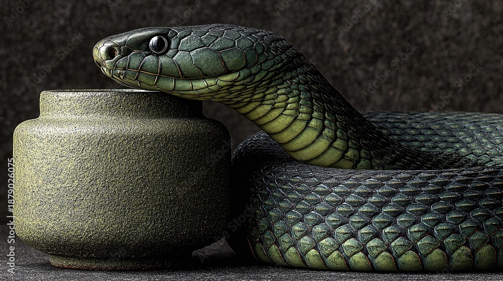 Fototapeta premium Green Snake Wrapped Around Stone Vase in Artistic Composition