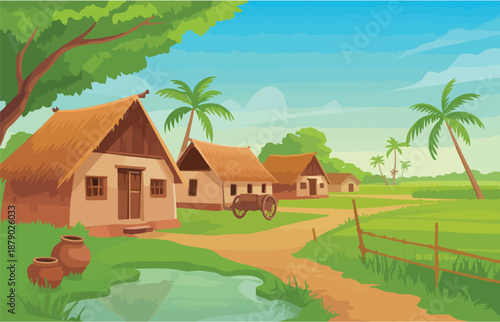 Peaceful Rural Village Landscape with Traditional Huts and Rice Fields