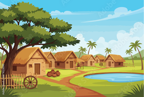 Peaceful Village Landscape with Traditional Huts