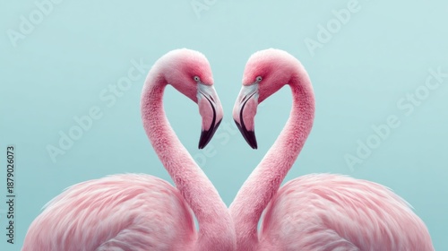 Two beautiful pink flamingos forming a heart shape against a soft blue background