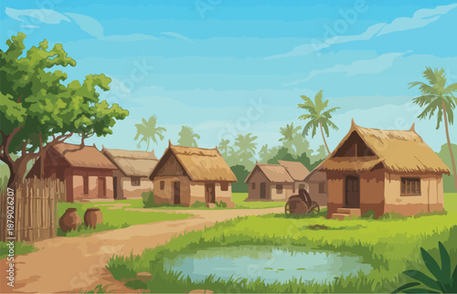 Peaceful Rural Village Landscape with Traditional Thatched Huts