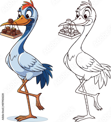 Graceful Cartoon Crane Delivering Chocolates Elegant Bird for Sweet Treats and Gifting Themes