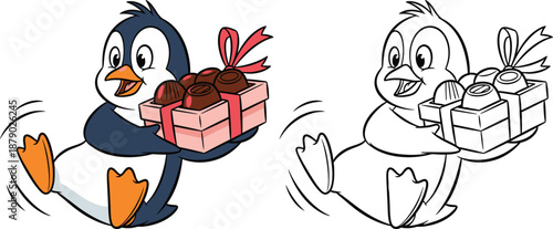 Cute Cartoon Penguin with Box of Chocolates Adorable Animal Illustration for Gifts and Sweets