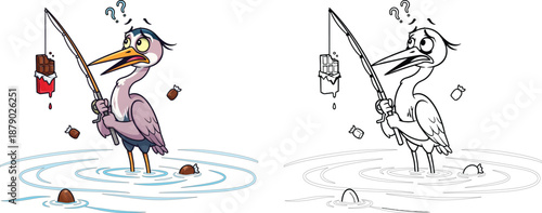 Confused Heron Fishing for Chocolates Humorous Bird for Sweet Treats Fishing and Quirky Themes