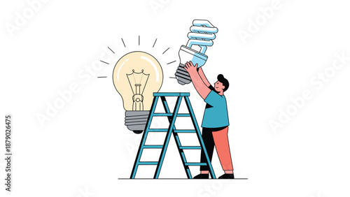 Energy Efficient Bulb Change: Cartoon Illustration