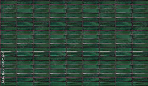Horizontal dark green ceramic subway tiles with glossy textured finish