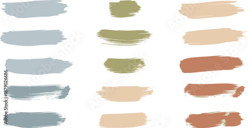 A delightful assortment of fifteen soft pastel-colored horizontal brush strokes including light blue, green, beige, and terracotta, perfect for delicate and soothing design applications.