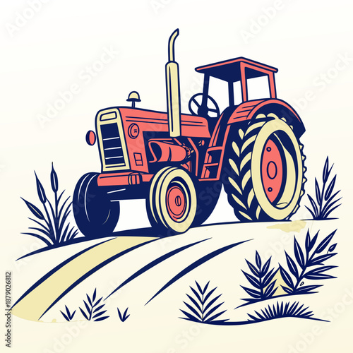 Red tractor in a field