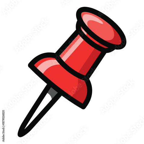 Red Push Pin Icon, Cartoon Thumbtack Illustration for Office and Map Marking on White Background