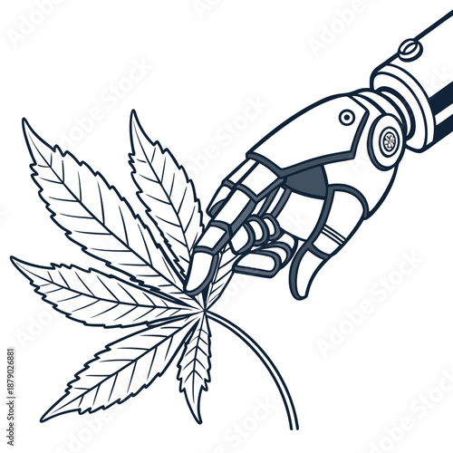 Robot hand examining cannabis leaf