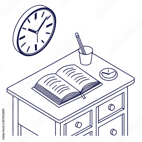 Study desk with clock and book