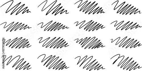 A dynamic pattern of sixteen hand-drawn black scribble lines arranged diagonally across a white background, conveying energy and a spontaneous artistic feel.