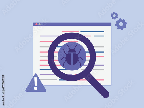 Software debugging concept. Magnifying glass finding bug in code. Error fixing and virus analysis