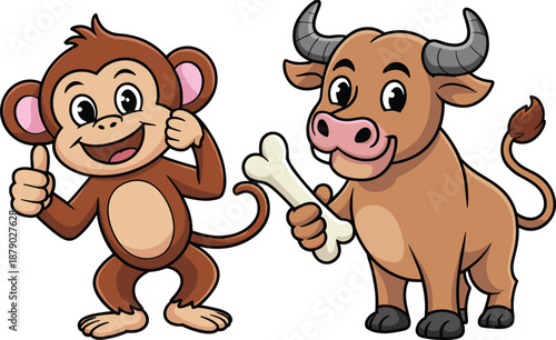Cartoon monkey and bull characters, smiling expressions, playful animal duo, anthropomorphic pose, fun concept, flat vector illustration