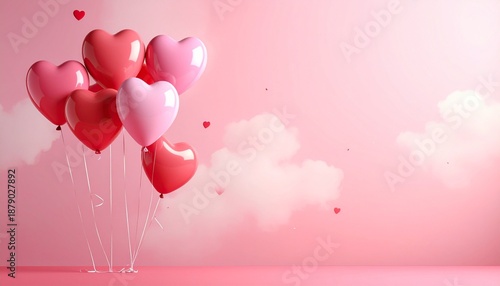 Floating heart balloons in pink sky with clouds showcasing romantic whimsy and festive Valentine’s Day charm