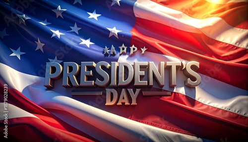 President’s Day banner with waving American flag and metallic text celebrating U.S. leadership and national pride