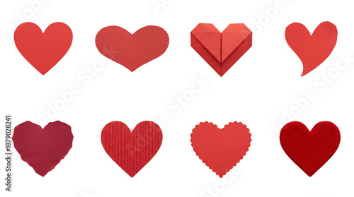 Red heart set including paper, origami, torn, corrugated, scalloped, and velvet textures isolated. Valentine day and romantic design elements.