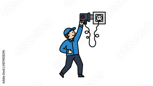 Cartoon Electrician Working on a Wall Socket