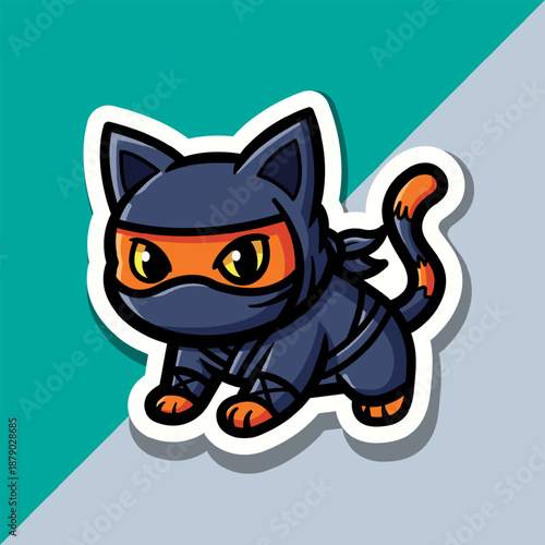 Chibi Ninja Cat Sticker Vector Illustration with Mask and Stealth Suit