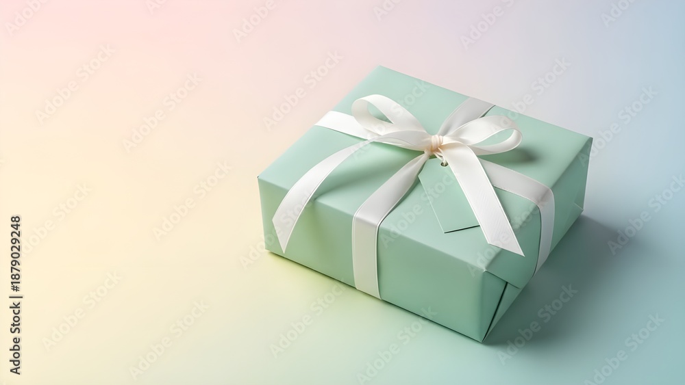Obraz premium A beautifully wrapped gift box with a white ribbon on a pastel background