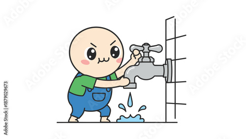 Cartoon Character Fixing Leaky Faucet, Water Conservation