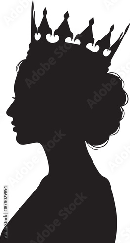 Silhouette of a regal queen wearing a crown in profile view