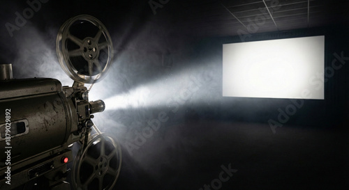 Fotografía Vintage Film Projector Projecting Light on Blank White Cinema Screen