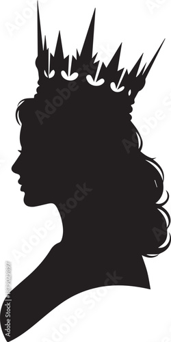 Silhouette of a regal queen wearing an ornate crown in profile
