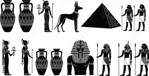 Ancient Egypt symbols, pharaoh, Anubis, pyramid, amphora, spear warriors, cultural heritage icons, flat vector illustration, black and white design