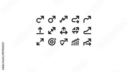 Modern arrow icon set showing growth, direction, trends and navigation concepts in clean flat vector style, ideal for digital marketing, analytics dashboards, UI UX design, business strategy and data 