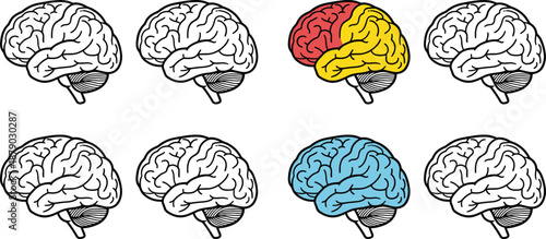 Human brain icon set, cerebral cortex and lobe highlights, neuroscience anatomy grid, educational medical symbols - flat vector illustration