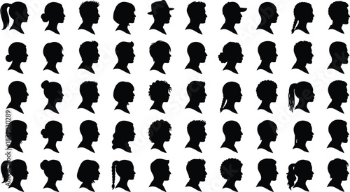 Human head silhouette grid, diverse hairstyle and profile icons, black facial outlines, identity variation set - flat vector illustration