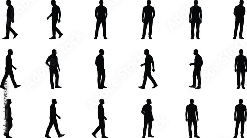Human silhouette grid, standing and walking poses, posture variety, motion study icons, black figure set - flat vector illustration