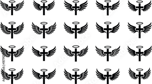 Winged cross icon grid, religious halo symbols with feather variations, spiritual protection motif set - flat vector illustration