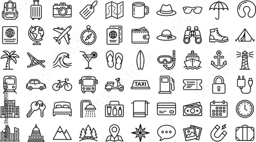 Travel icon set, vacation and transportation symbols, leisure gear and planning tools for tourism - flat vector illustration