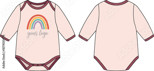 Baby onesie front and back view, pink romper with rainbow graphic, maroon trim, customizable infant clothing - flat vector illustration