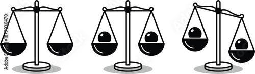 Balance scale icon set, weight comparison symbols, equilibrium and mass contrast visuals, logic puzzle graphics - flat vector illustration
